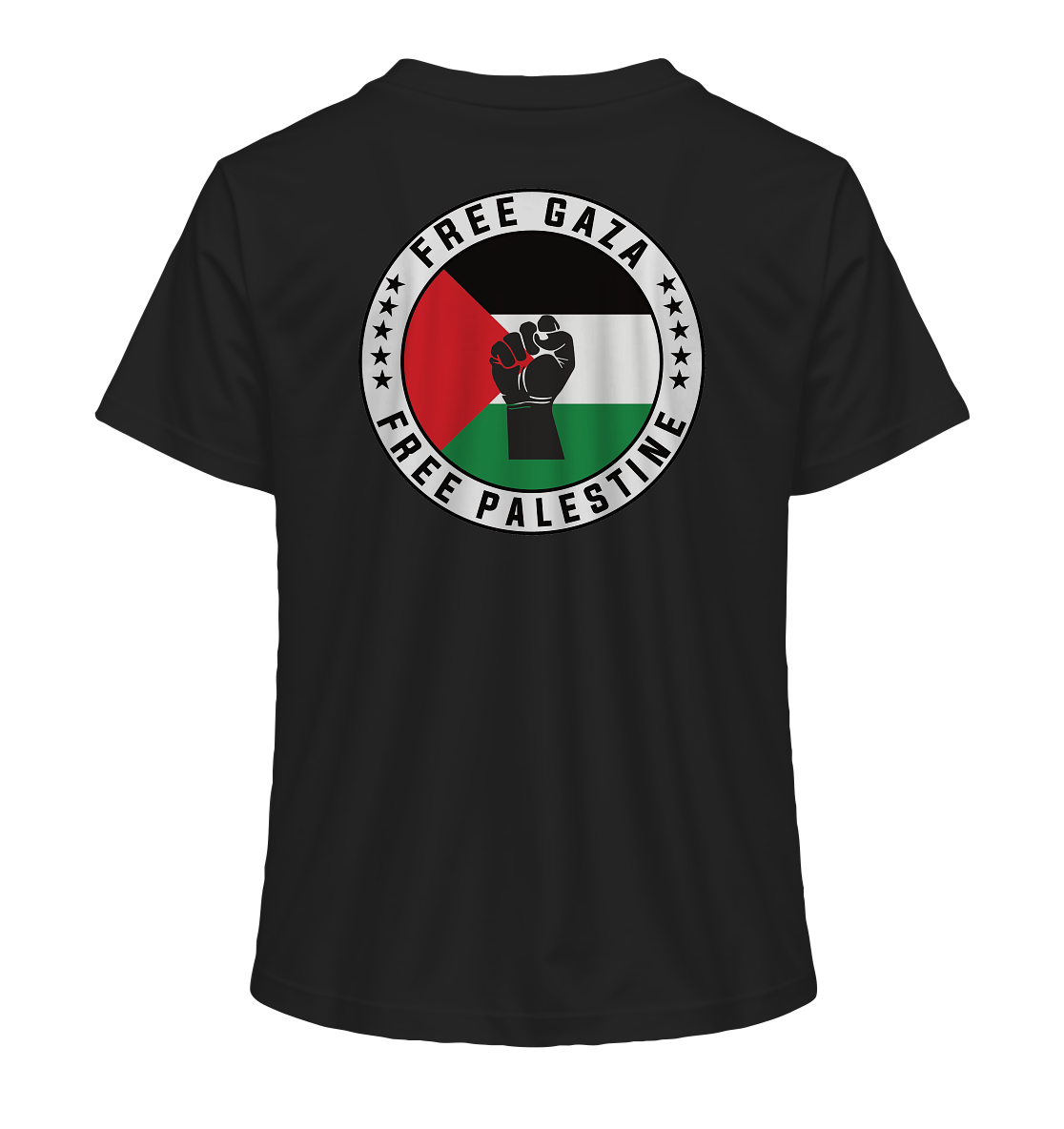 T-Shirt für Damen in Black mit rundem Aufdruck auf dem Rücken: palästinensische Flagge, erhobene Faust, Text "Free Gaza – Free Palestine".