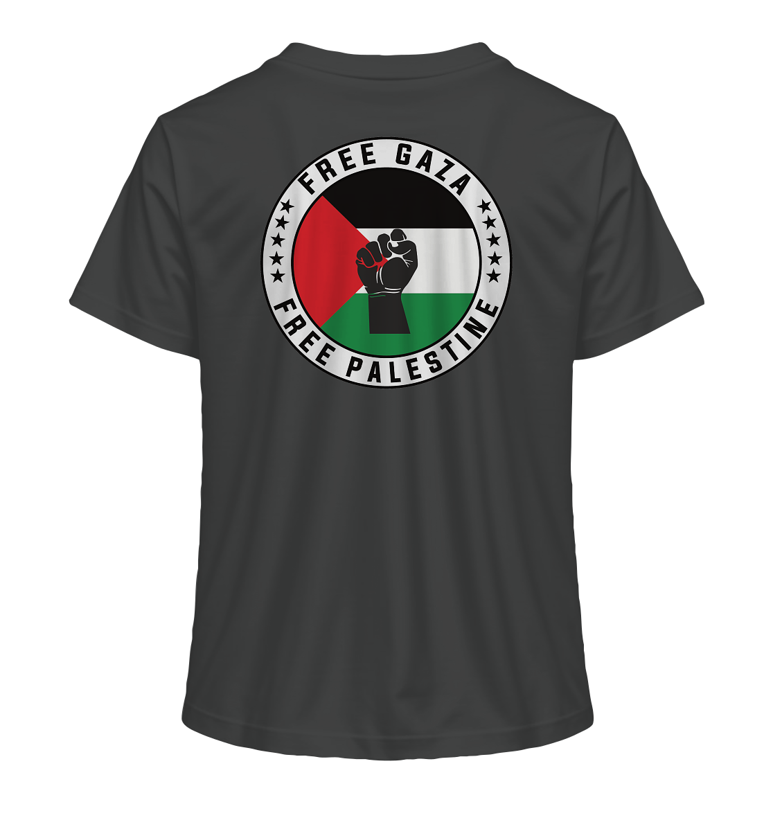In Khaki farbendes Palästina-Solidaritätsshirt für Damen mit Rückenaufdruck: Flagge, Faustsymbol und Schriftzug „Free Gaza – Free Palestine“ – ideal für politische Statements.