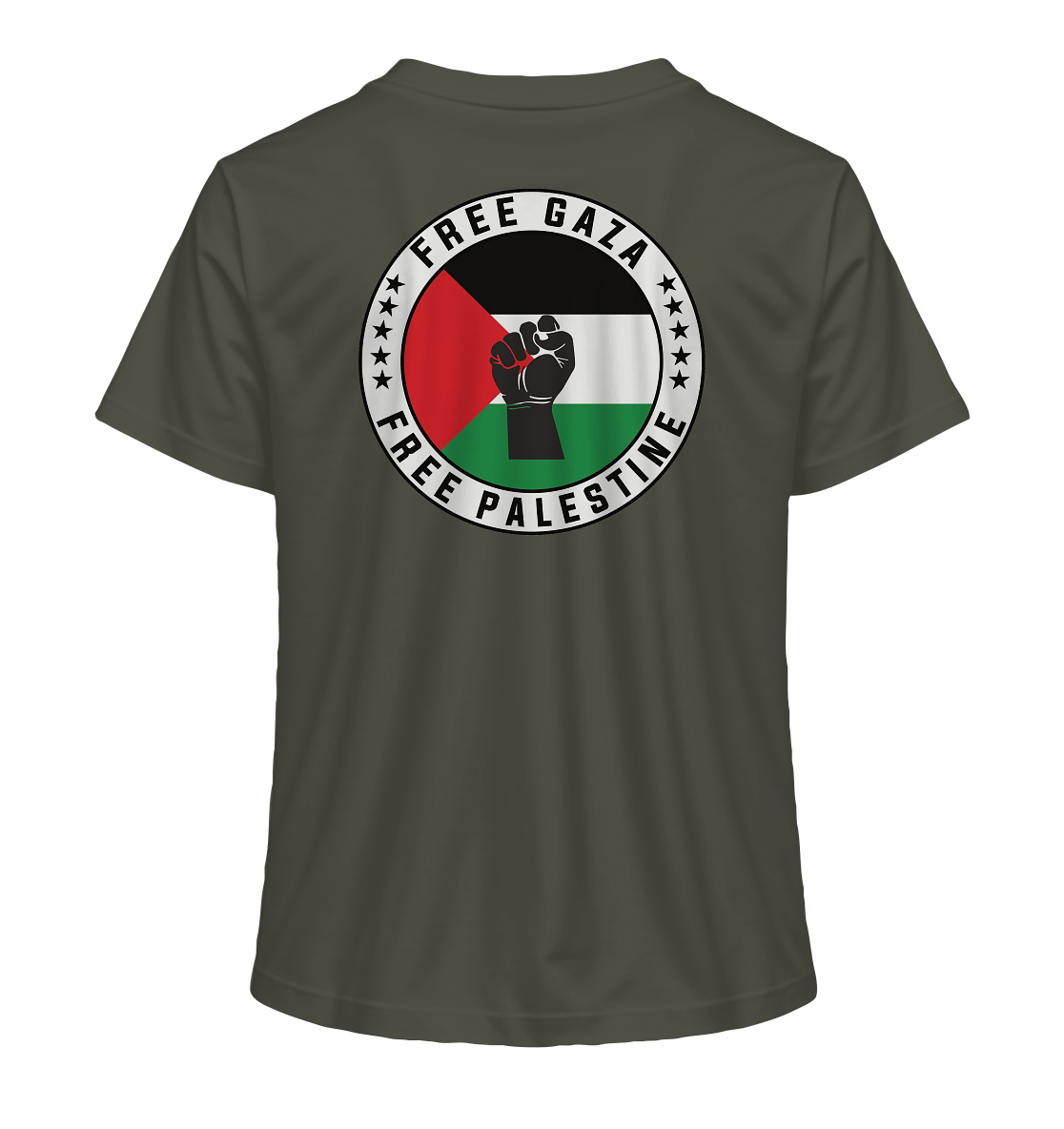 Khaki Damen T-Shirt mit Free Gaza / Free Palestine Rundlogo auf dem Rücken.