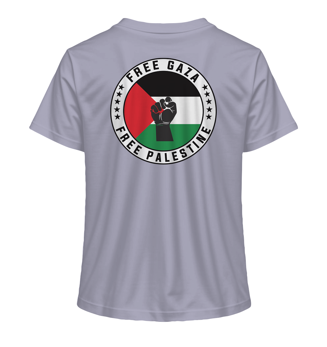 Starkes Zeichen für Gerechtigkeit: Dieses Damen T-Shirt in der Farbe Lavender zeigt auf dem Rücken die palästinensische Flagge mit einer kämpferischen Faust und dem Slogan „Free Gaza – Free Palestine“.
