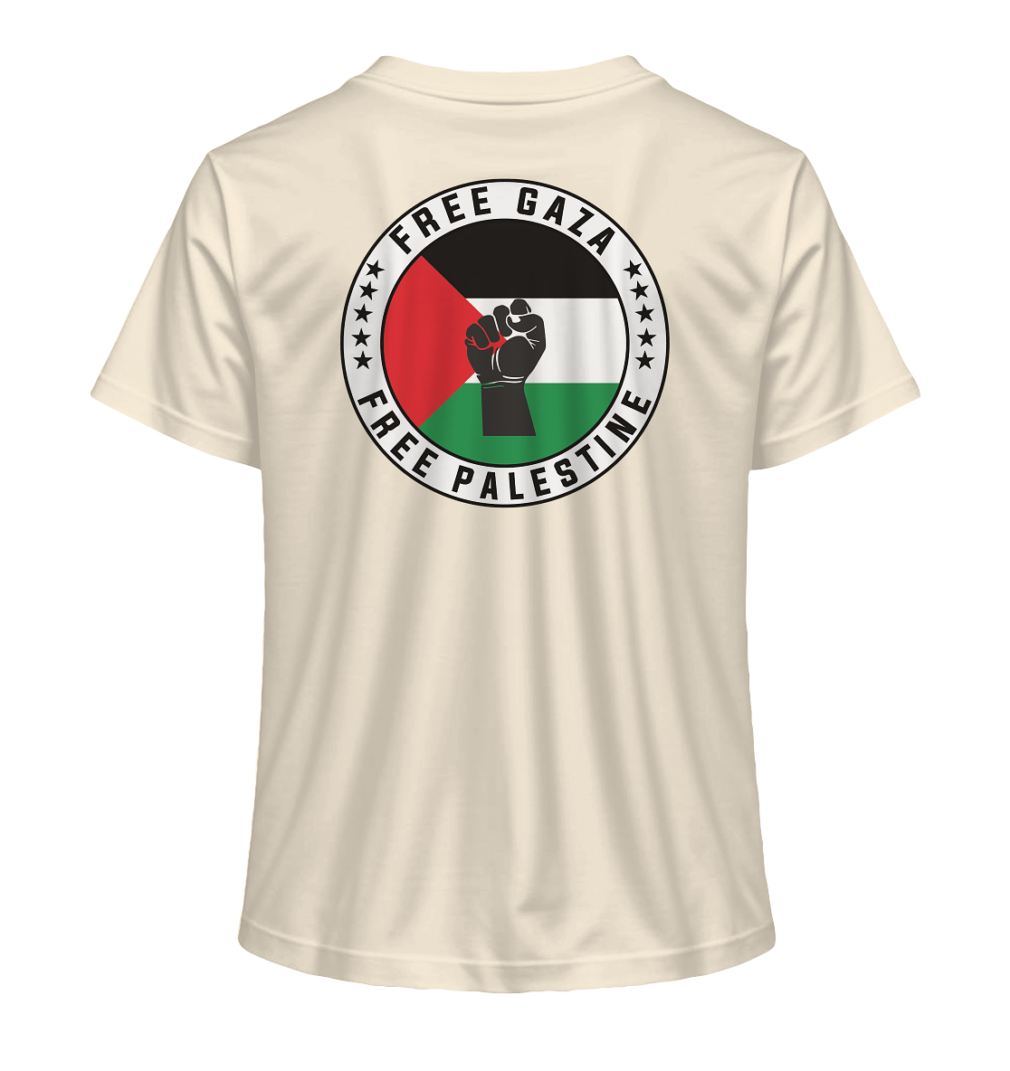 Natural Raw Aktivist-T-Shirt mit markantem Rückenmotiv: palästinensische Flagge, schwarze Power-Faust und der Aufruf „Free Gaza – Free Palestine“.