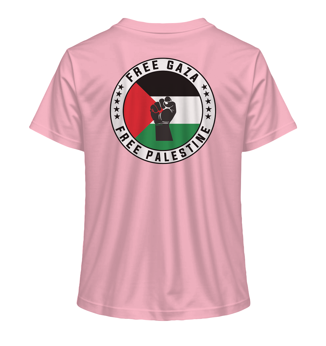 Cotton Pink farbendes Palästina-Solidaritätsshirt für Damen mit Rückenaufdruck: Flagge, Faustsymbol und Schriftzug „Free Gaza – Free Palestine“ – ideal für politische Statements.