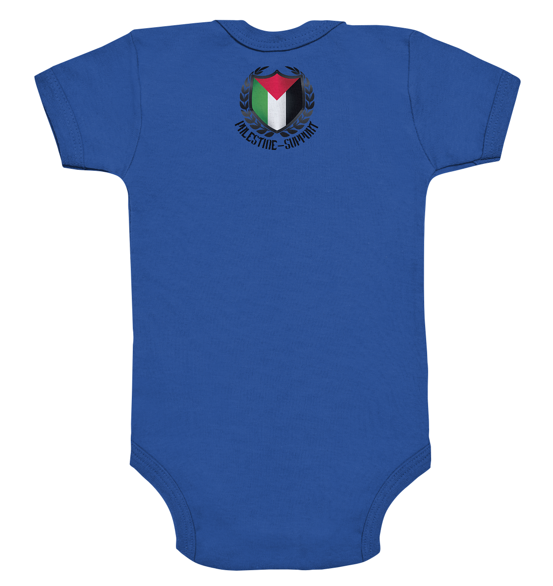 Strampler Rückseite mit Motiv des Palestine Support Logos für Babys in Cobalt Blue Organic