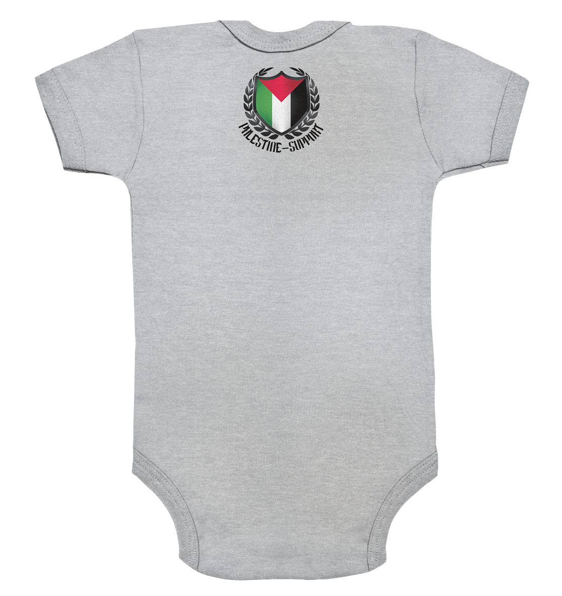 Strampler Rückseite mit Motiv des Palestine Support Logos für Babys in Heather Grey