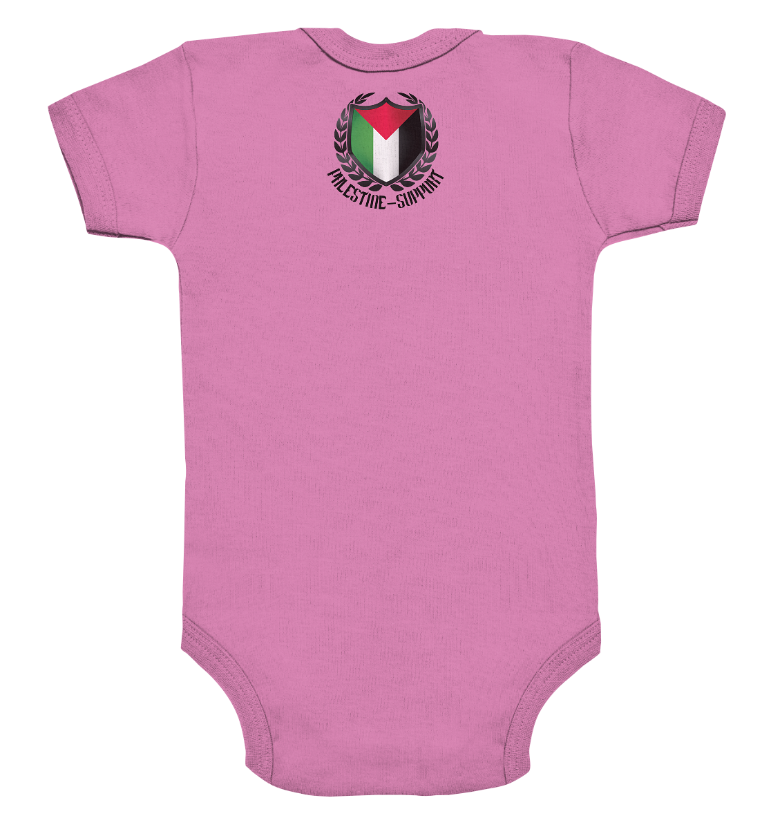 Strampler Rückseite mit Motiv des Palestine Support Logos für Babys in Bubble Gum Pink