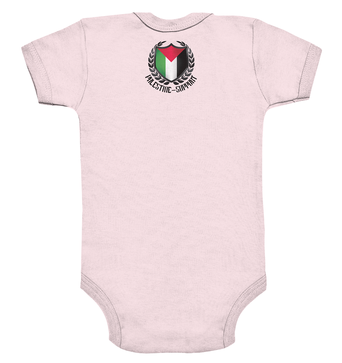 Strampler Rückseite mit Motiv des Palestine Support Logos für Babys in Powder Pink