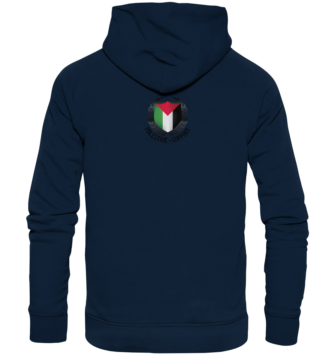 Unisex Streetwear Hoodie Rückseite mit Palestine-Support.de Logo in French Navy