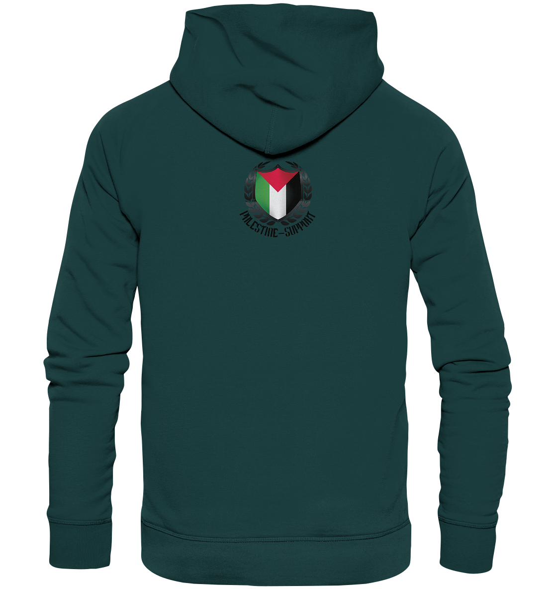 Unisex Skater Hoodie Rückseite mit Palestine-Support.de Logo in Glazed Green
