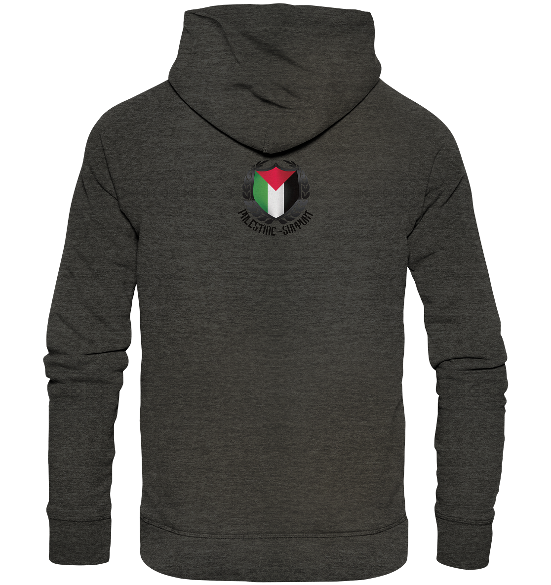 Unisex Sportstyle Hoodie Rückseite mit Palestine-Support.de Logo in Dark Heather Grey