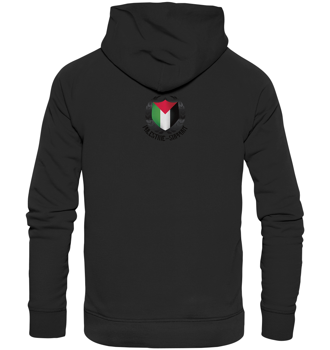 Unisex Streetwear Hoodie Rückseite mit Palestine-Support.de Logo in Black