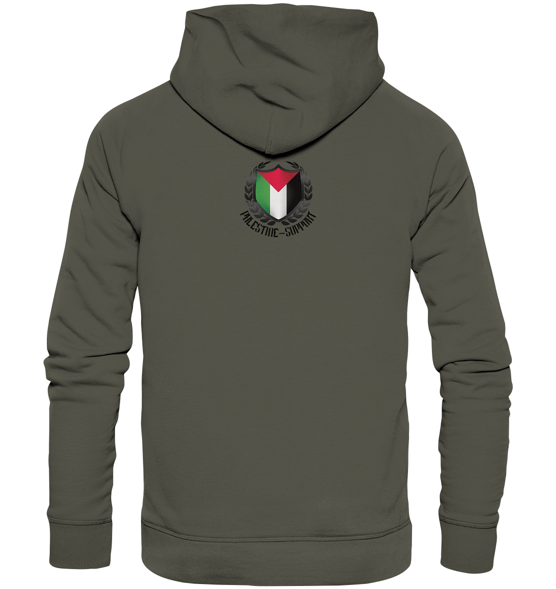 Unisex Military Hoodie Rückseite mit Palestine-Support.de Logo in Khaki