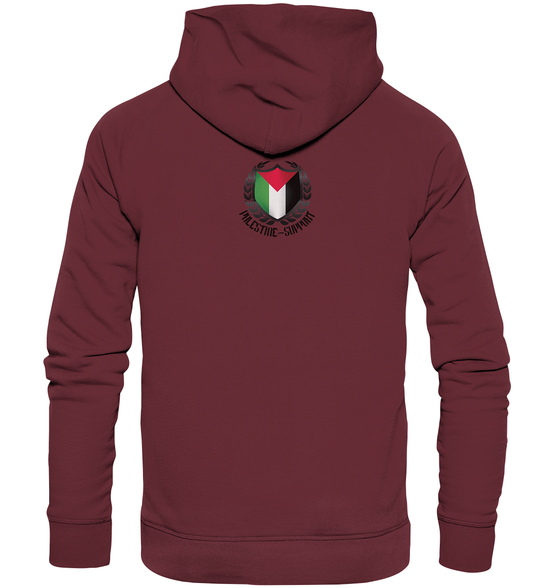 Unisex Urban Wear Hoodie Rückseite mit Palestine-Support.de Logo in Burgundy