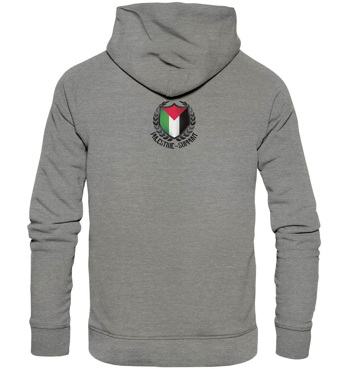 Unisex Streetwear Hoodie Rückseite mit Palestine-Support.de Logo in Mid Heather Grey