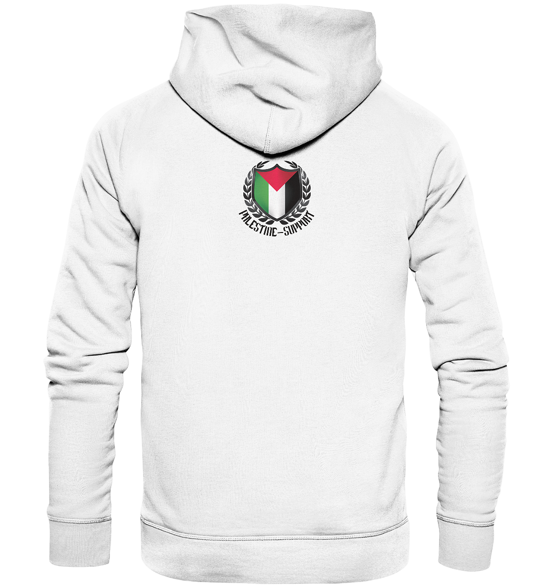 Unisex Streetwear Hoodie Rückseite mit Palestine-Support.de Logo in Cool White