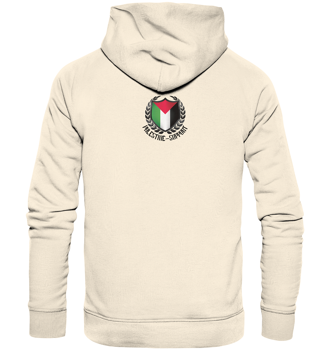 Unisex Streetwear Hoodie Rückseite mit Palestine-Support.de Logo in Natural Raw