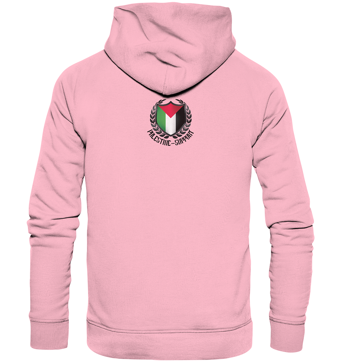 Damen Streetwear Hoodie Rückseite mit Palestine-Support.de Logo in Cotton Pink