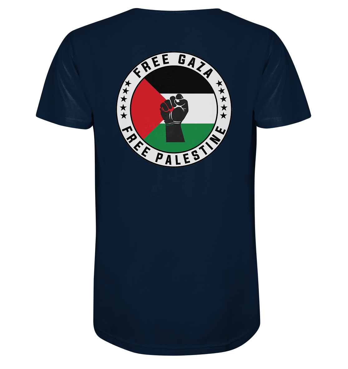 Starkes Statement auf Stoff: Dieses Shirt vereint die palästinensische Flagge mit der Faust des Widerstands und der Botschaft „Free Gaza – Free Palestine“ in French Navy