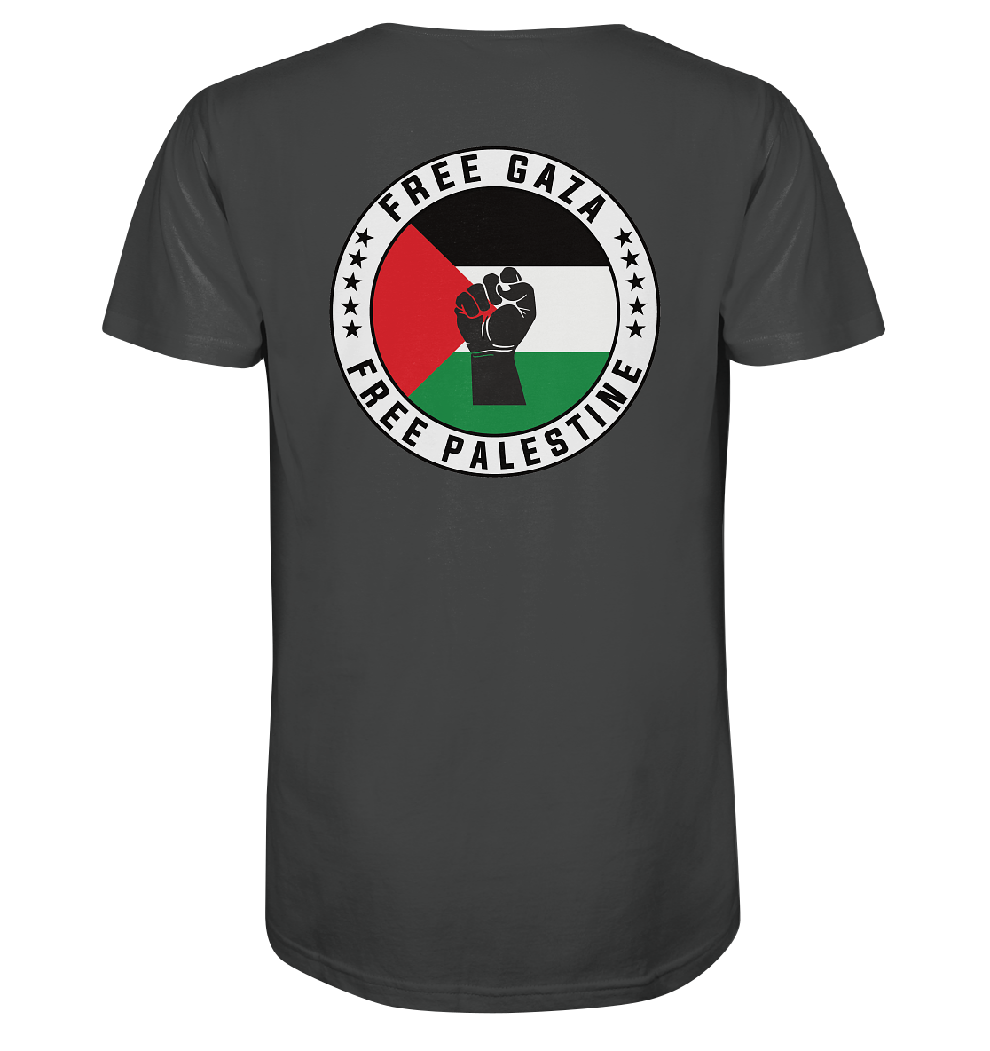 Aktivisten-Shirt in Anthracite mit internationalem Zeichen für Gerechtigkeit: Faust über der palästinensischen Flagge, umrandet mit dem Aufruf zur Befreiung.