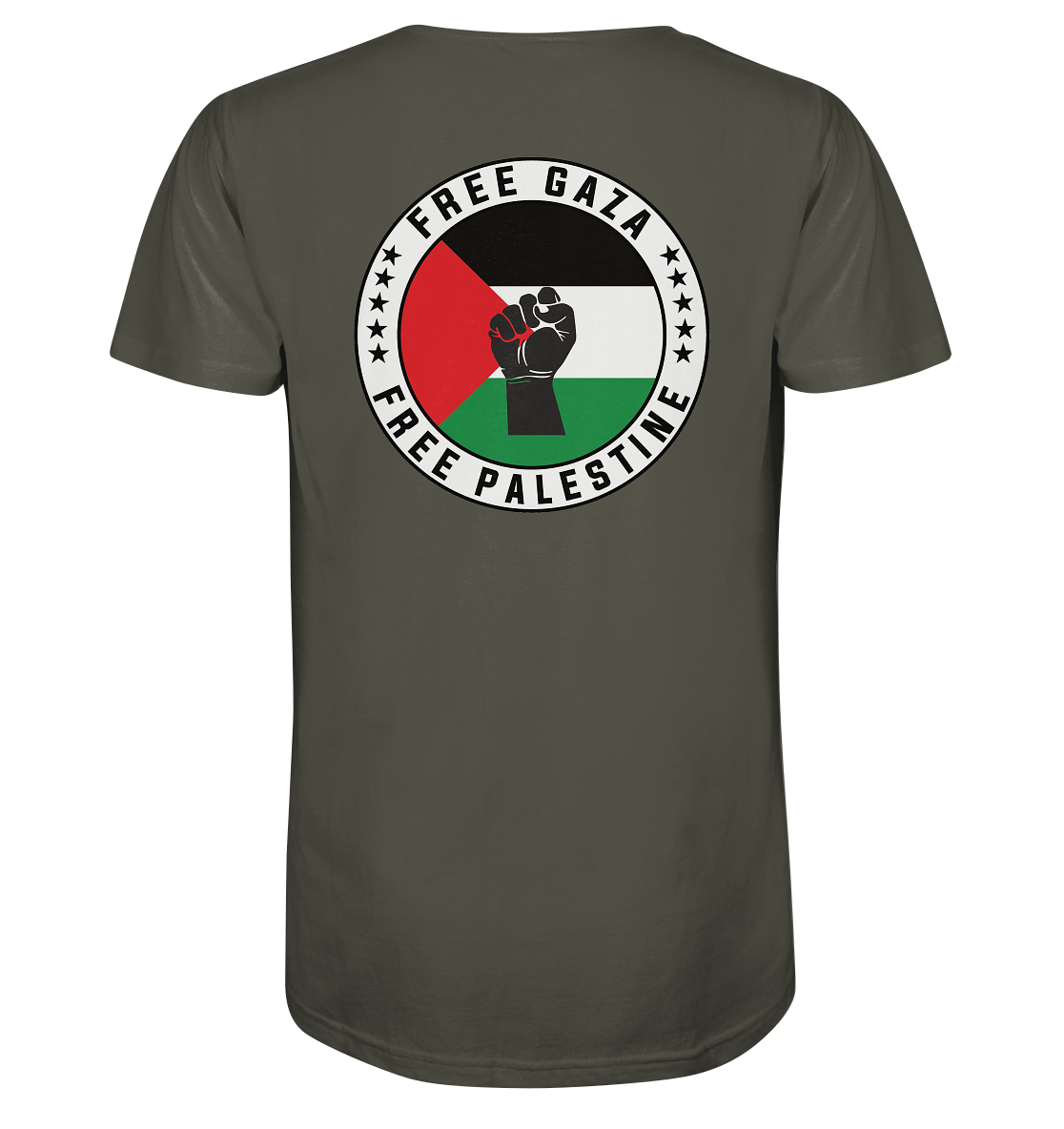 Modernes Shirt mit politischer Botschaft: Rundes Rückenlogo mit palästinensischer Flagge, Power-Faust und stilvollem Sternenkranz in Khaki.