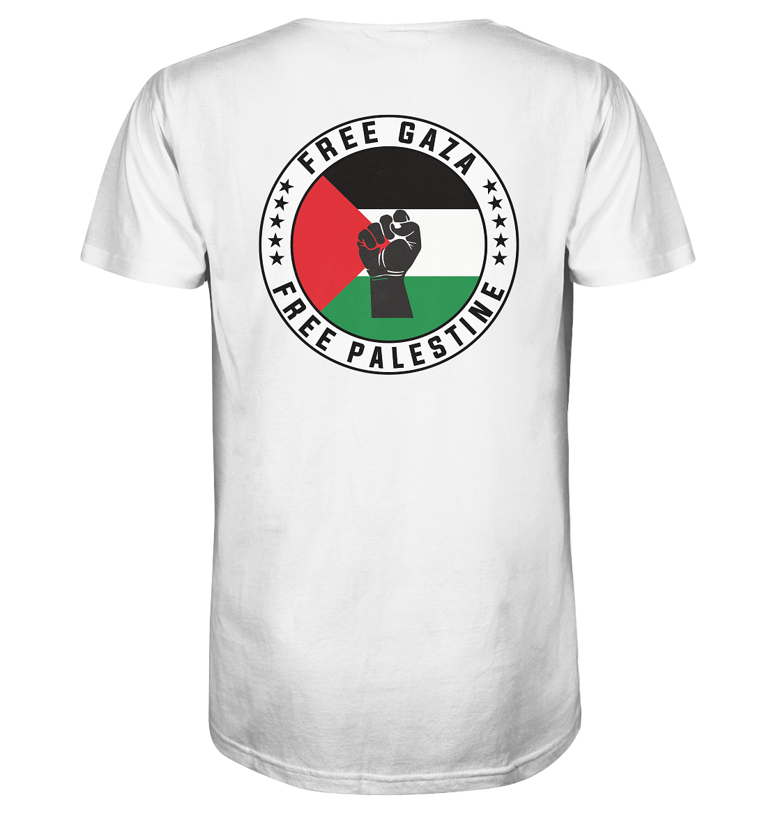 T-Shirt in White mit Free Palestine-Motiv und kämpferischer Faust auf dem Rücken.