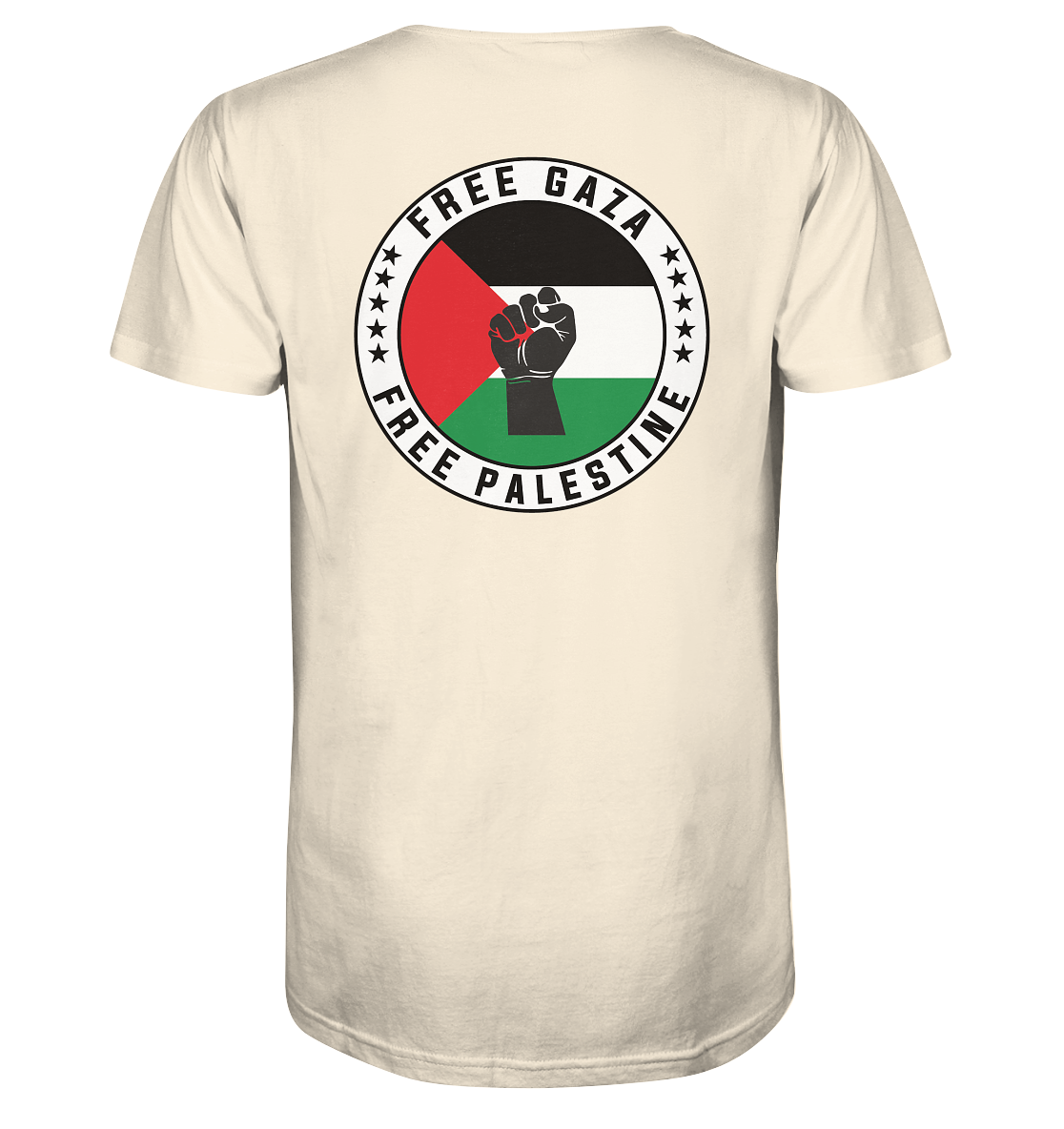 Natural Raw - Palestine-Support-T-Shirt mit starkem Symbol: palästinensische Flagge, Widerstandsfist und Slogan „Free Gaza – Free Palestine"
