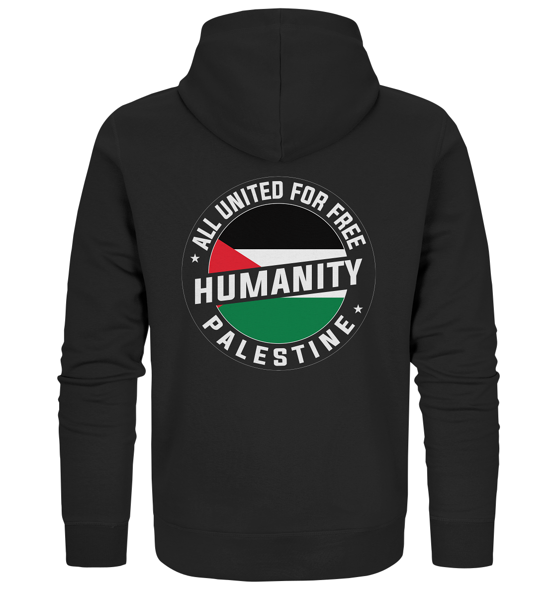 Schwarzer Herren Zipper mit Palästina-Flagge in Siegelform und Humanity Free Palestine Schriftzug