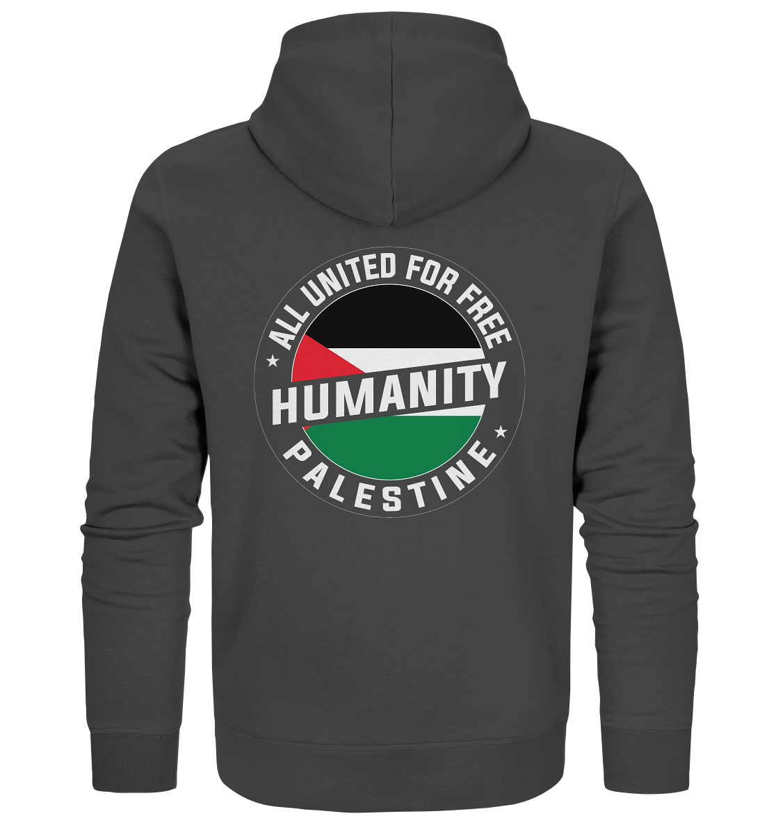 Anthracite Kapuzen Zipper für Herren mit Palästina- Siegel Flagge und Free Humanity Palestine Schriftzug