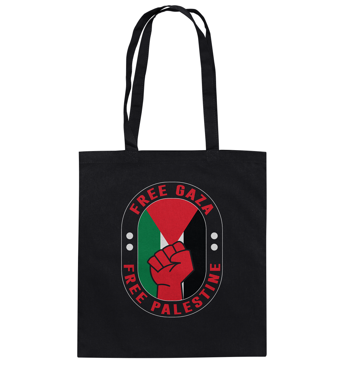 Einkaufstasche mit Free Palestine Schriftzug aus Baumwolle in Schwarz