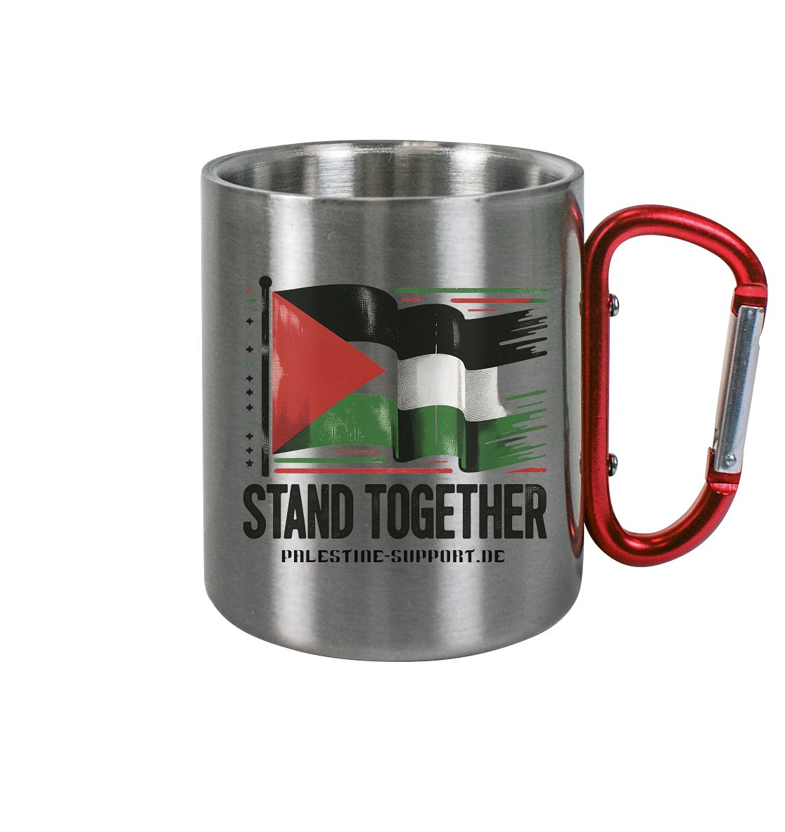 Stahlbecher mit roten Karabiner Griff bedruckt mit Palästina Flagge in Silber Metallic