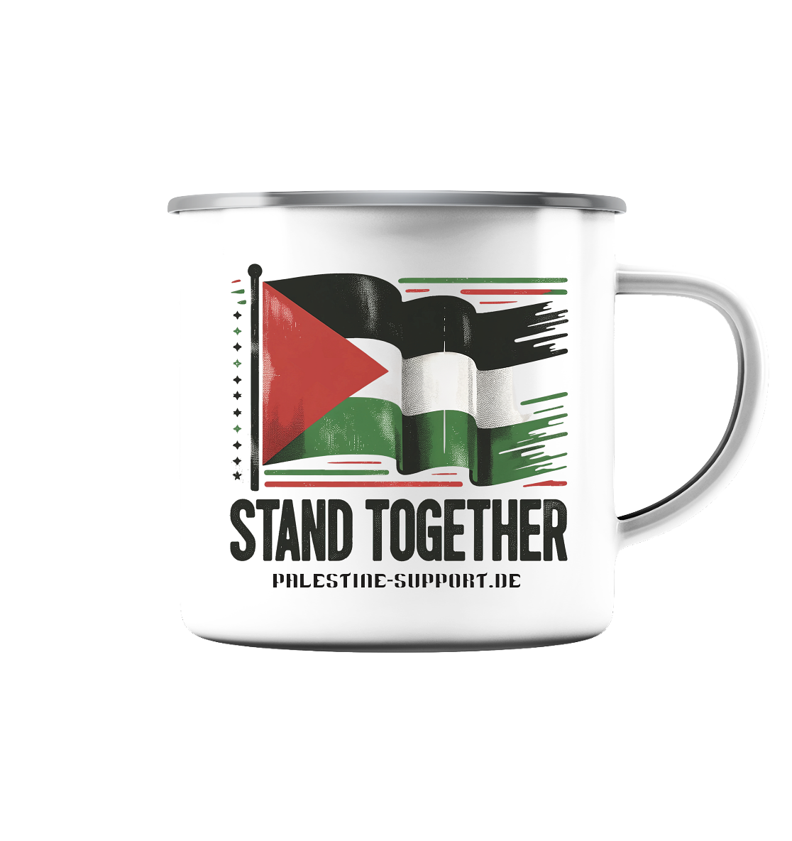 Alu Becher mit Griff und schwarzem Tassenrand mit Stand Togehter Palestine Design in der Farbe Weiß