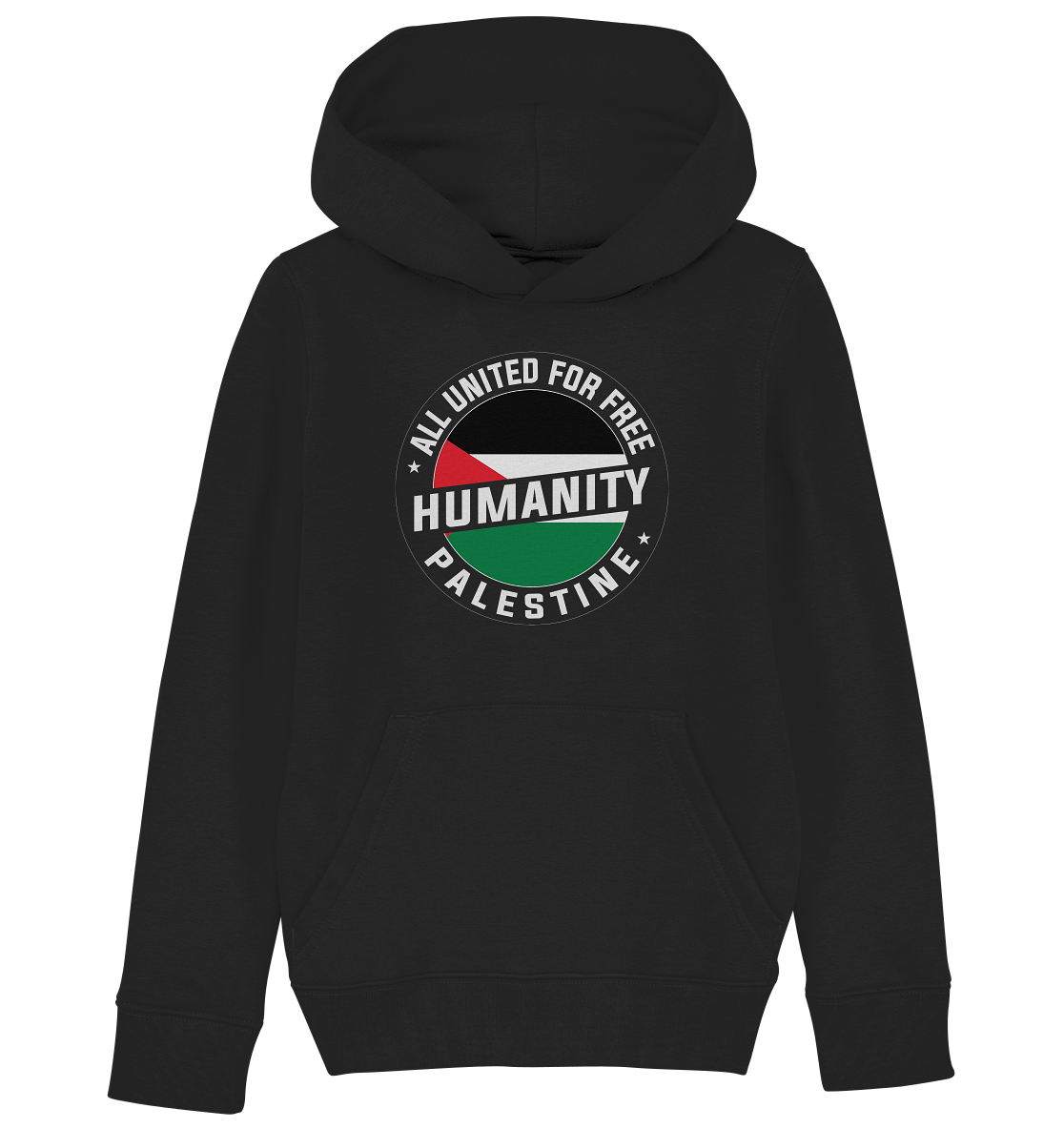 Free Palestine Hoodie in Schwarz – Kinder Kapuzen Pullover mit Palästina-Flagge und "All-United for free Humanity Palestine" Schriftzug.