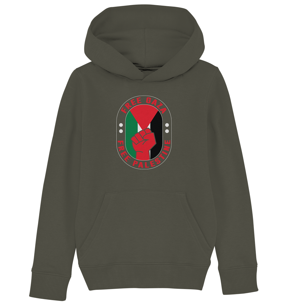 Kinder Hoodie mit Free Gaza und Widerstand Elementen in Cotton Pink in Khaki