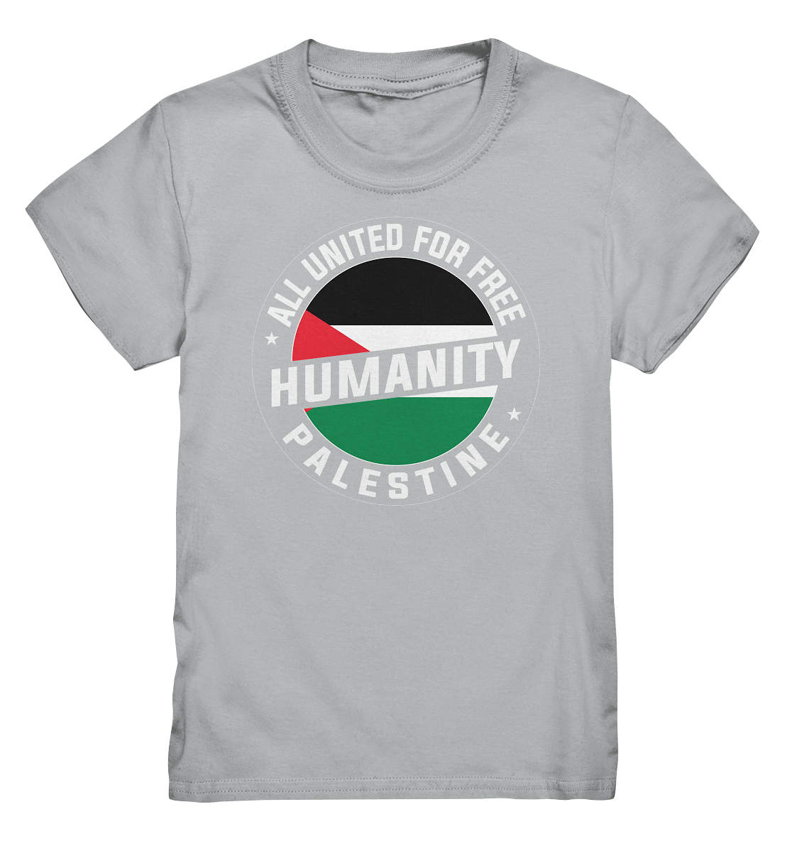 Humanity - Kinder Shirt in Pacific Grey - Modern gestalteter Druck in Siegelform der Palästina Flagge und Free Humanity Palestine Schriftzug