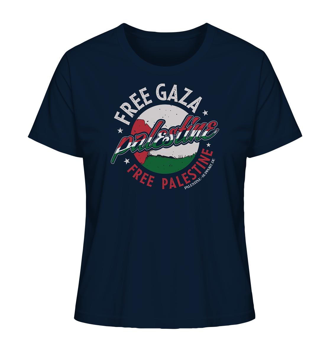 Damen Tshirt mit Free Gaza und Free Palestine Schriftzug im verwaschenen Design in French Navy