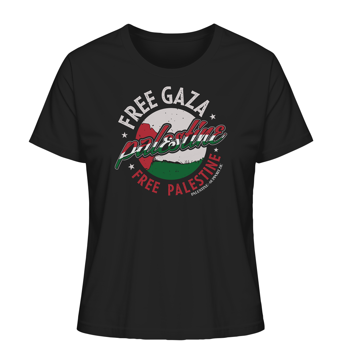 Damen Tshirt mit Free Gaza und Free Palestine Schriftzug im verwaschenen Design in Schwarz
