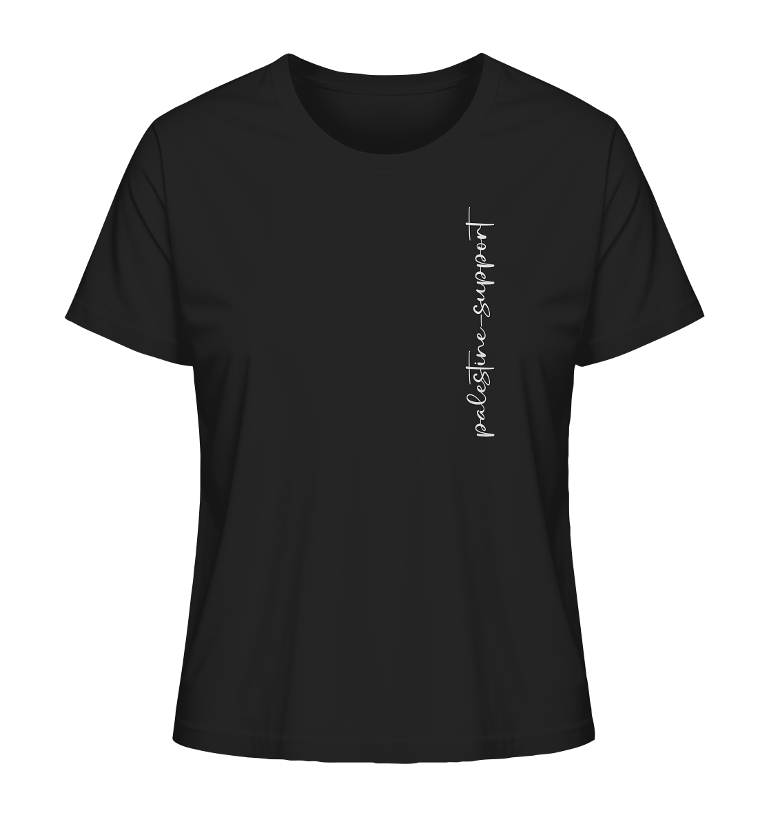 Protest-T-Shirt für Damen in Anthracite mit markantem Rückenmotiv: palästinensische Flagge, schwarze Power-Faust und der Aufruf „Free Gaza – Free Palestine“.