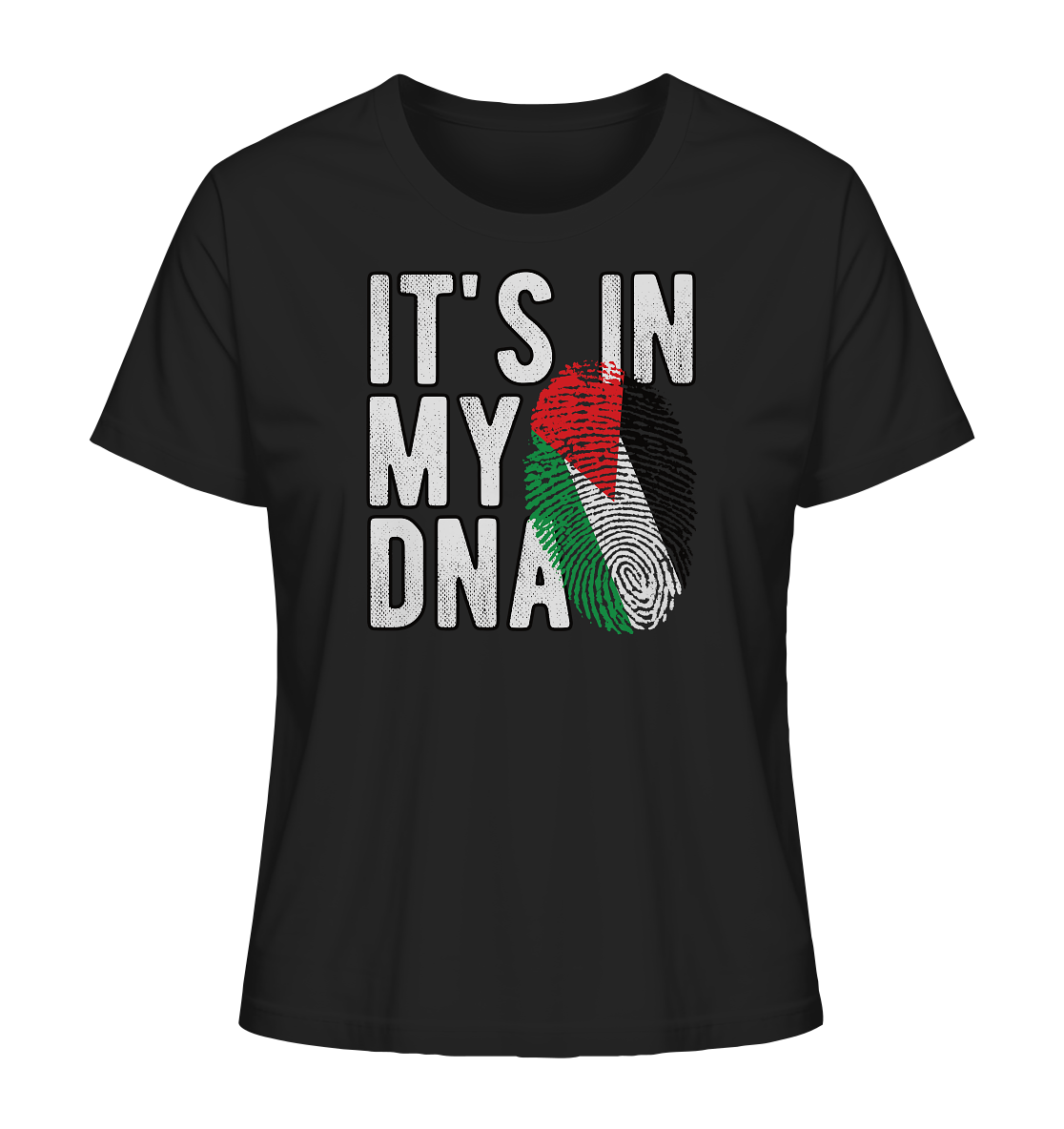 Schwarzes Damen Shirt mit dem Aufdruck ‚It's in my DNA‘ und Fingerabdruck in den Farben der palästinensischen Flagge