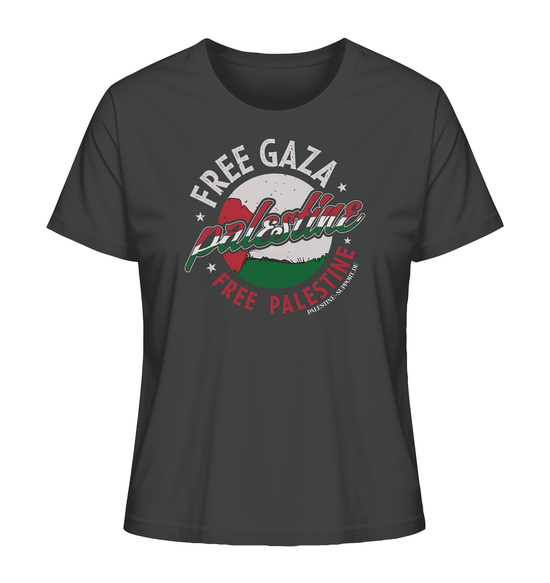 Damen Tshirt mit Free Gaza und Free Palestine Schriftzug mit Palästina Fahnen Elementen in Anthracite
