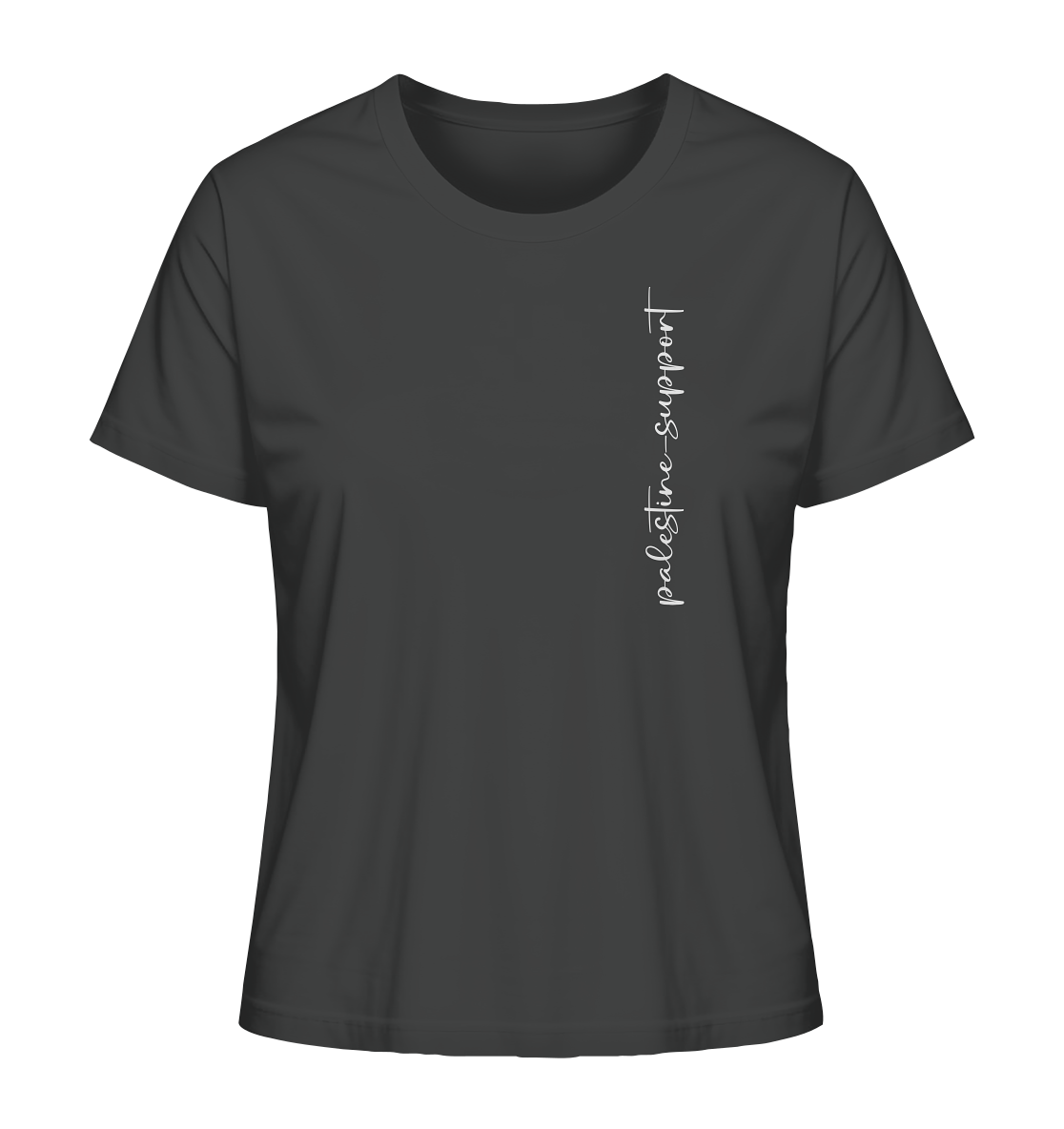 Anthracite farbendes Palästina-Solidaritätsshirt für Damen mit Rückenaufdruck: Flagge, Faustsymbol und Schriftzug „Free Gaza – Free Palestine“ – ideal für politische Statements.