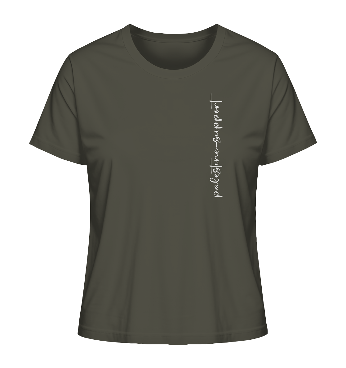 Starkes Zeichen für Gerechtigkeit: Dieses Damem T-Shirt in Khaki zeigt auf dem Rücken die palästinensische Flagge mit einer kämpferischen Faust und dem Slogan „Free Gaza – Free Palestine“.