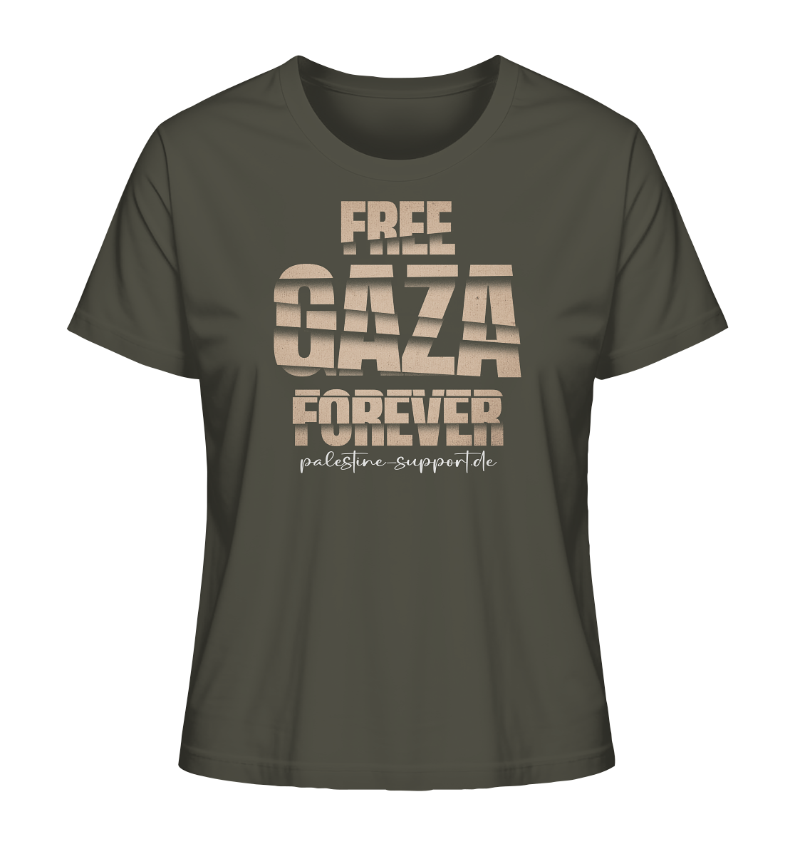 Free Gaza - Damen Shirt mit palestine-support und Free Gaza Forever Gold-Schriftzug in Gitter Style in Khaki
