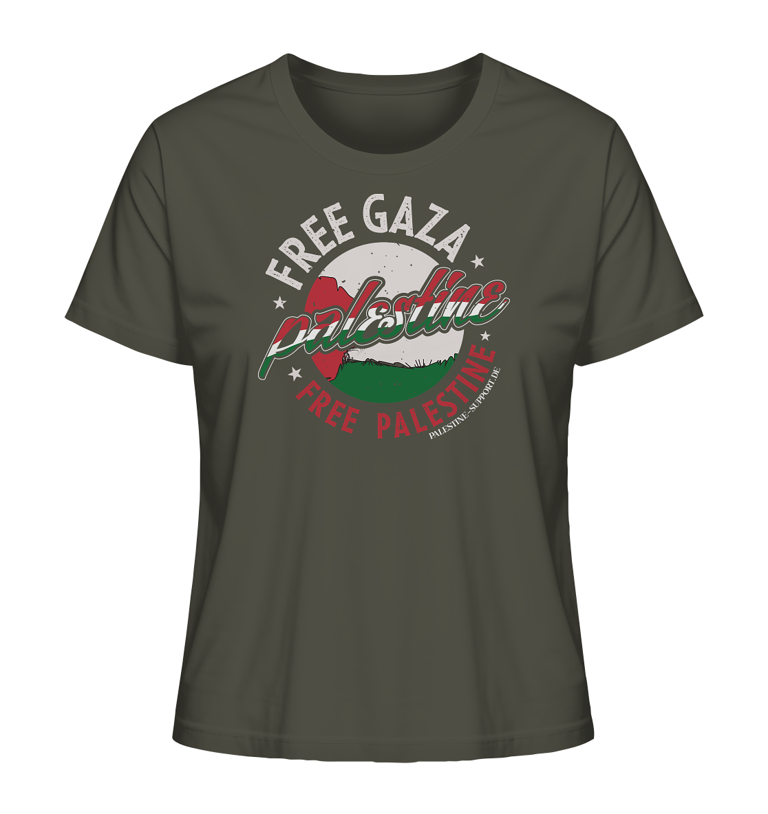 Damen sportliches Tshirt mit Free Gaza und Free Palestine Schriftzug als Stempel Design in Khaki