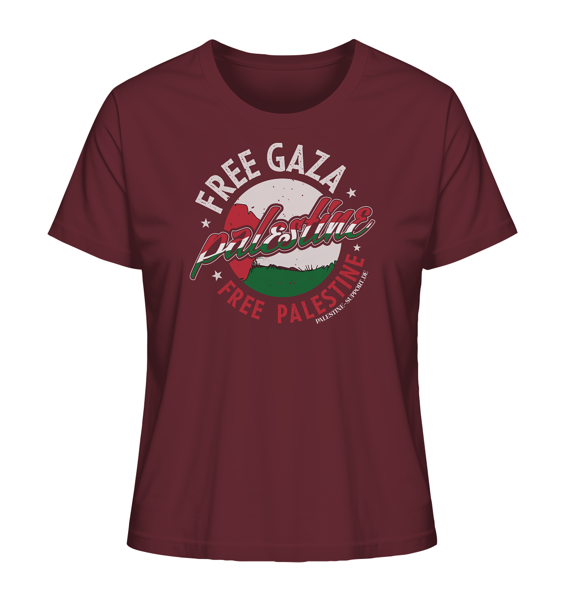 Damen shirt mit Free Gaza und Free Palestine Schriftzug im verwaschenen Design in Burgundy