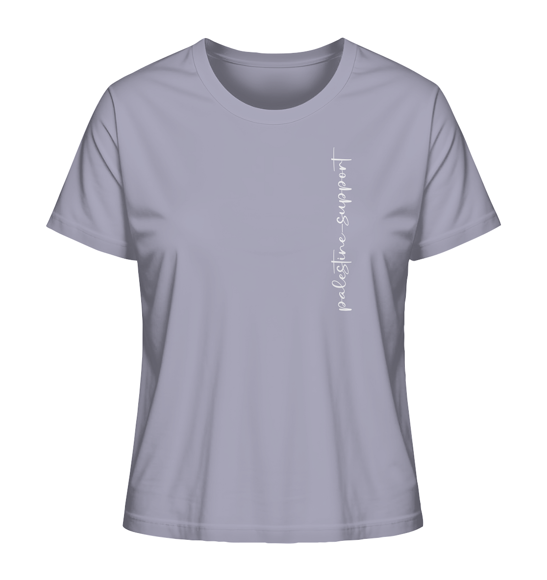 Damen T-Shirt in Lavender mit rundem Aufdruck auf dem Rücken: palästinensische Flagge, erhobene Faust, Text "Free Gaza – Free Palestine".