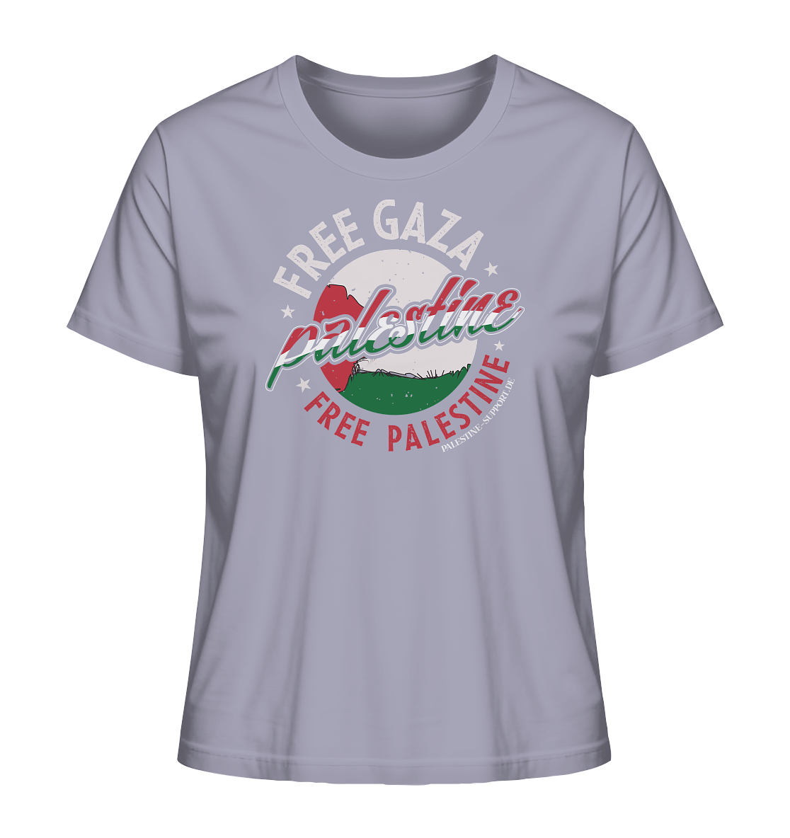 Damen Tshirt mit Free Gaza und Free Palestine Schriftzug im verwaschenen Design in Lavender