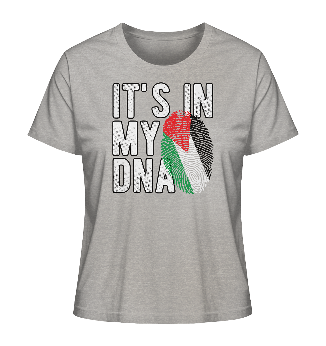 Damen T-Shirt mit palästinensischem Fingerabdruck und der Botschaft ‚It's in my DNA‘ – ein Statement für Identität und Zusammenhalt in Heather Grey
