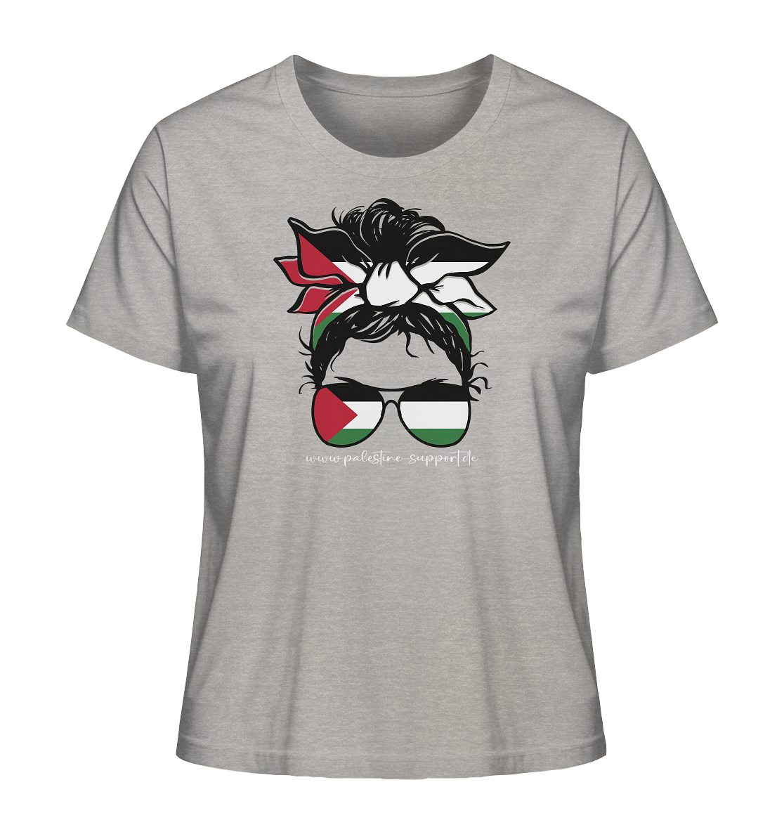 Organic Tshirt mit Abbildung einer Frau in Palästina-Bandana in Heather Grey
