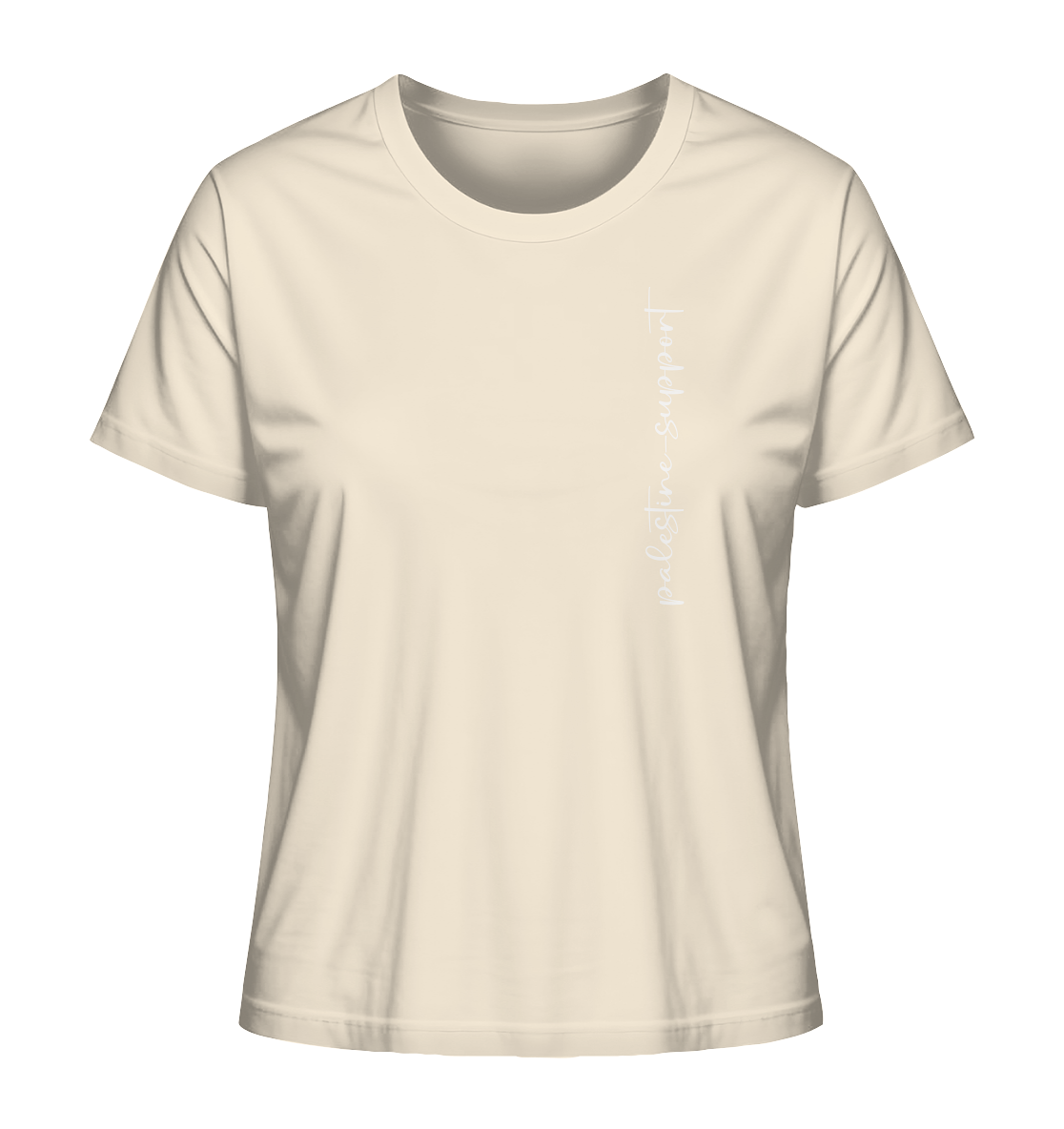 Natural Raw Damen T-Shirt mit Free Gaza / Free Palestine Rundlogo auf dem Rücken.