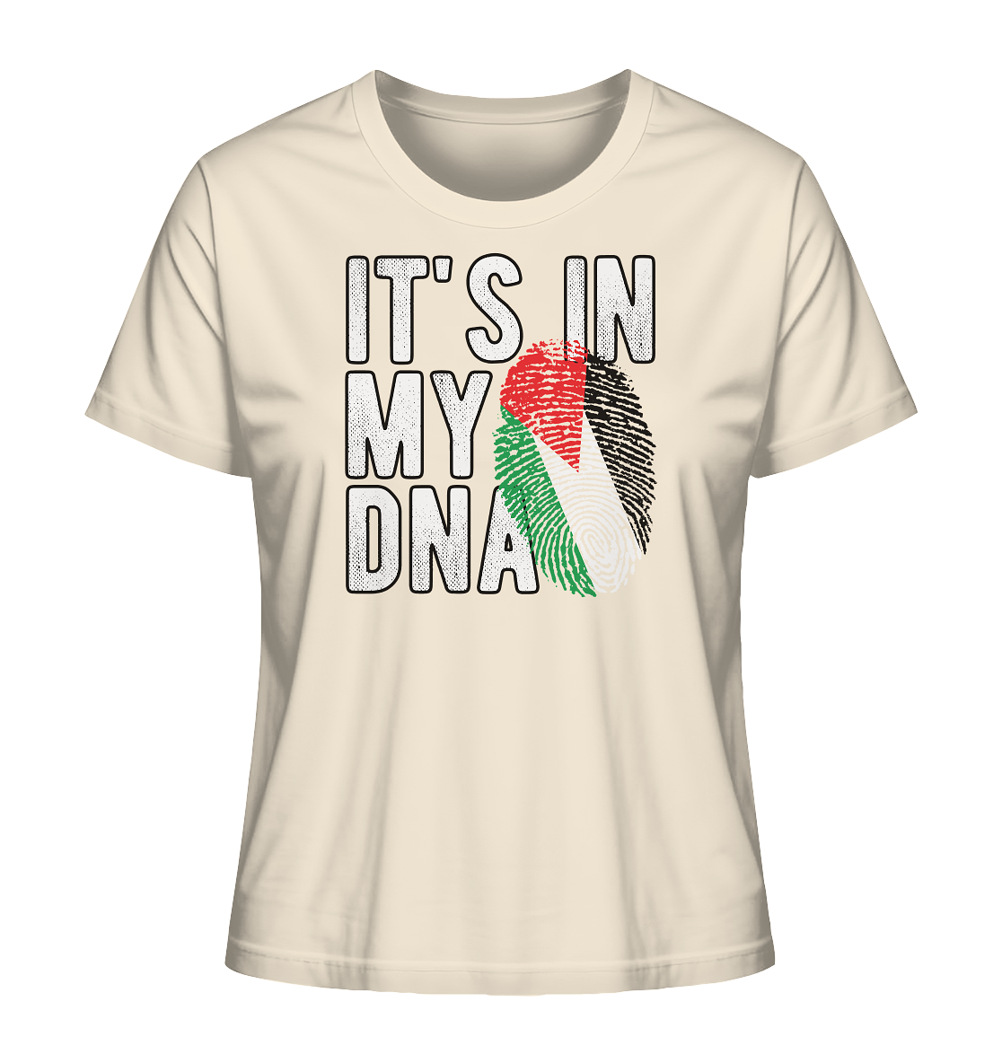 Damen T-Shirt mit Palästina-Fingerabdruck und DNA-Schriftzug in Natural Raw