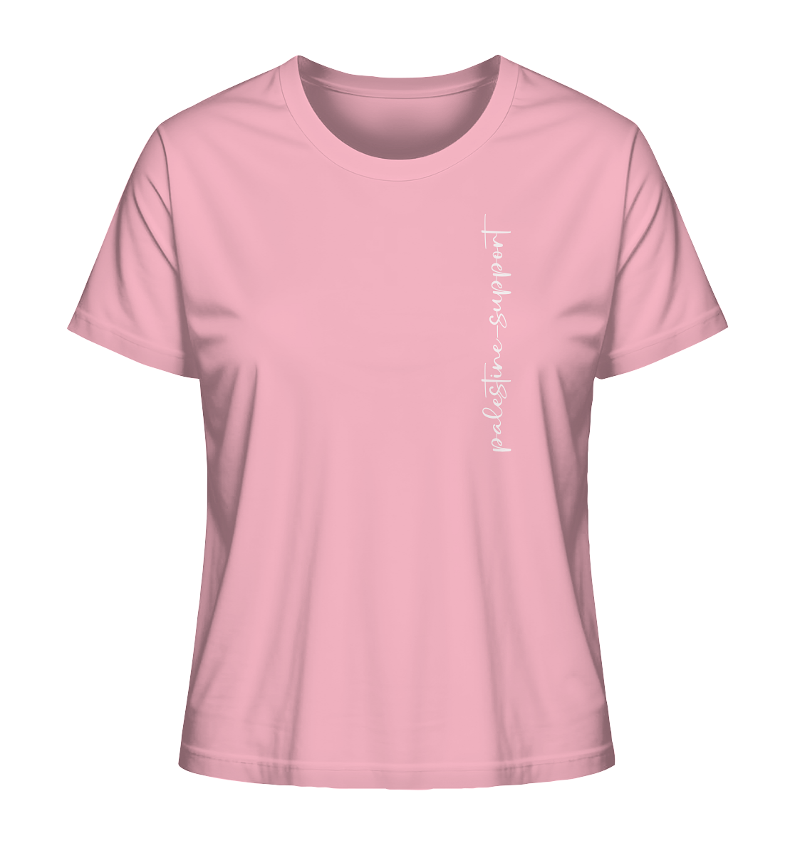 Cotton Pink farbendes Damen T-Shirt mit Free Gaza / Free Palestine Rundlogo auf dem Rücken.